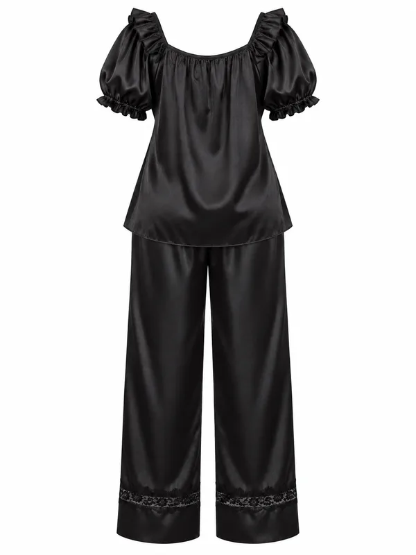 Satin Ruffle-Trim Top and Lace-Hem Wide-Leg Pants, Black, studio, back