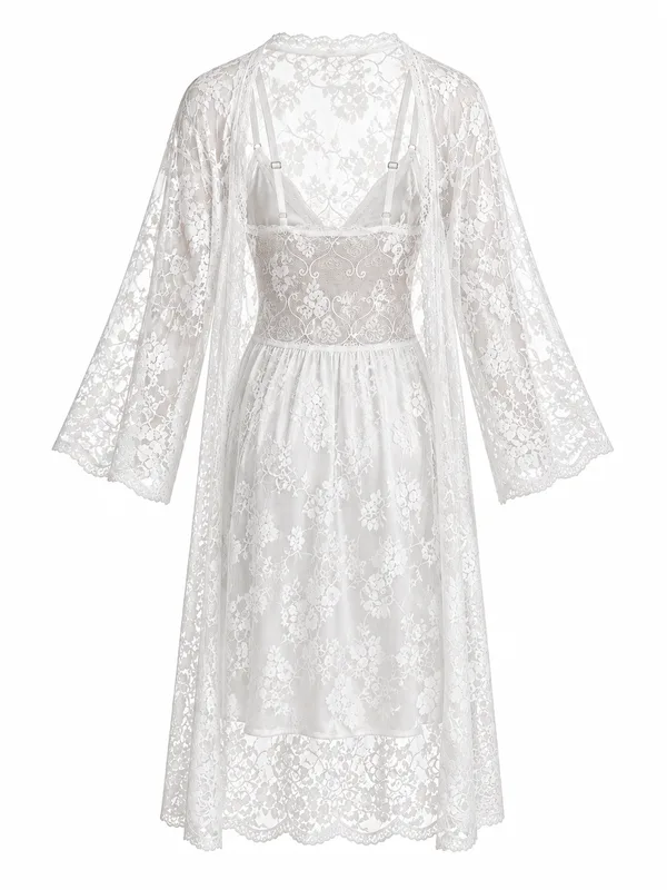 Lace-Trim Satin Slip Dress, White, studio, back