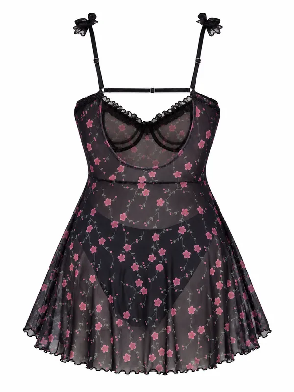 Lace-Trim Floral Mesh Babydoll, Black, studio, back