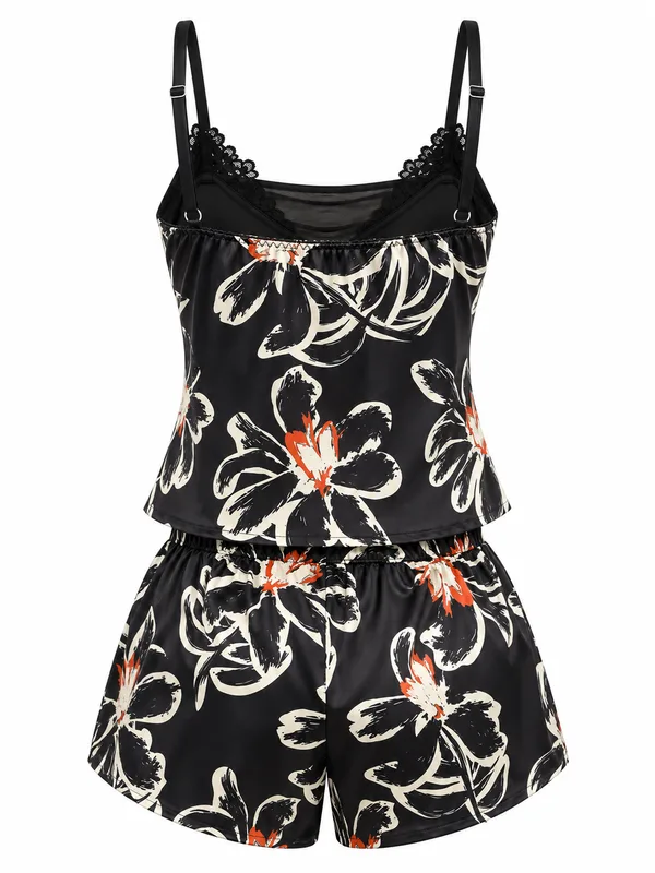 Lace-Trim Printed Satin Cami and Shorts, Black, studio, back