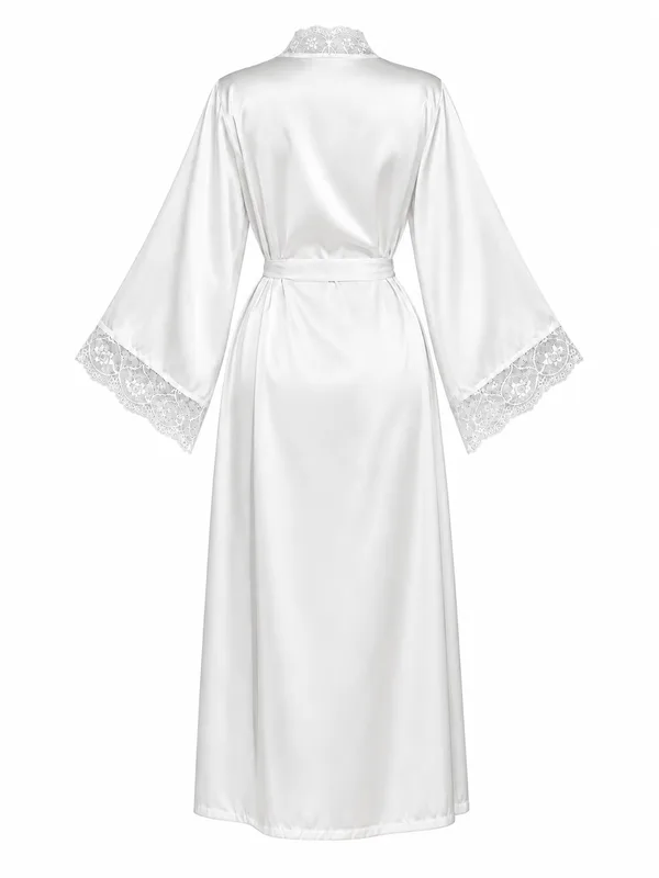 Lace-Trim Satin Long Robe, White, studio, back