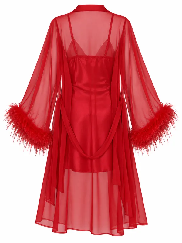 Feather-Trim Satin Slip Dress with Sheer Mesh Robe, Red, studio, back