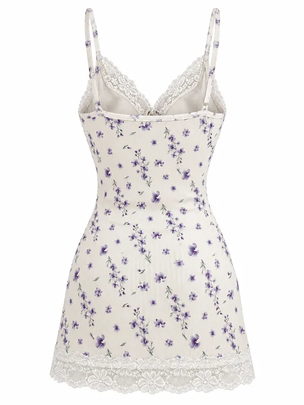 Lace-Trim Floral Ribbed Slip, Off-White, studio, back
