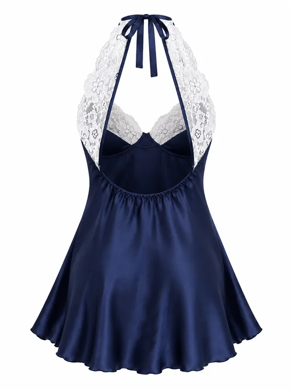 Satin Lace Halter Babydoll, Navy Blue, studio, back