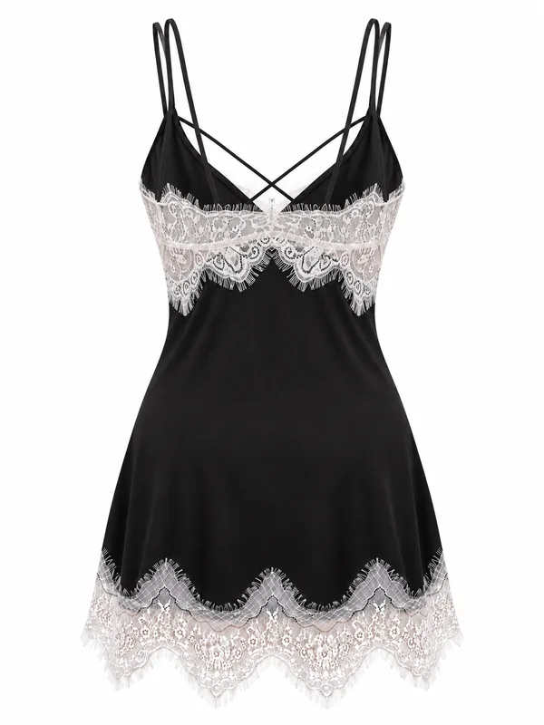 Lace-Trim Criss-Cross Strap Slip Dress, Black, studio, back