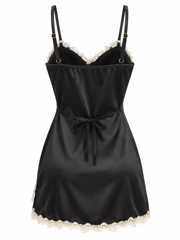 Lace-Trim Satin Slip, Black, studio, back