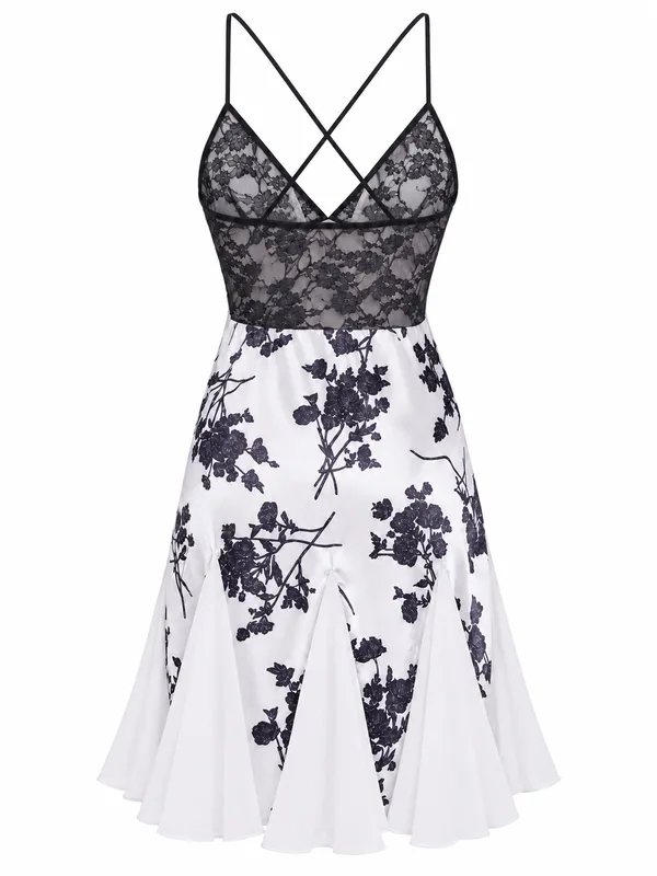 Lace Bodice Floral Print Slip, White, studio, back