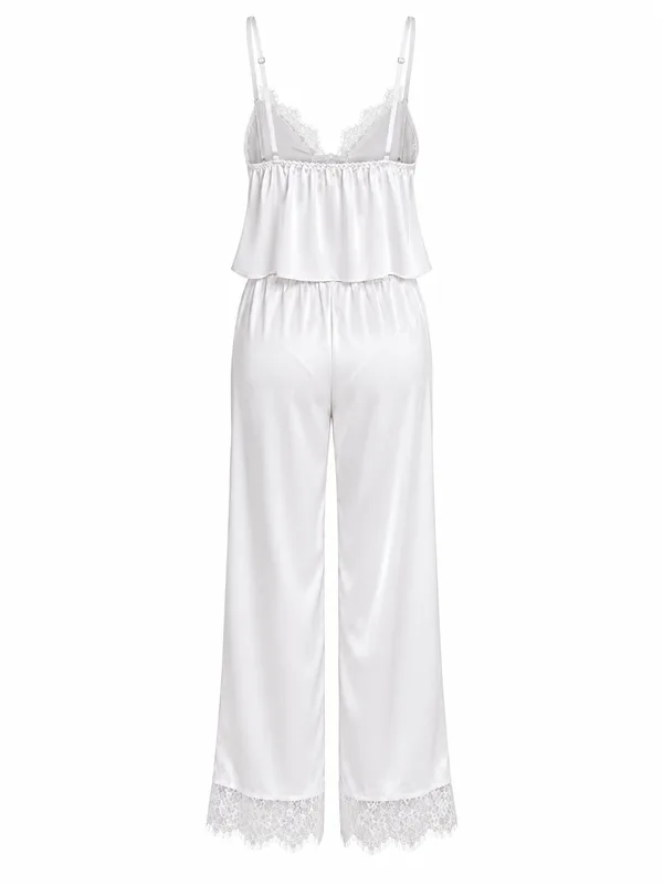 Lace-Trim Satin Cami and Pant, White, studio, back