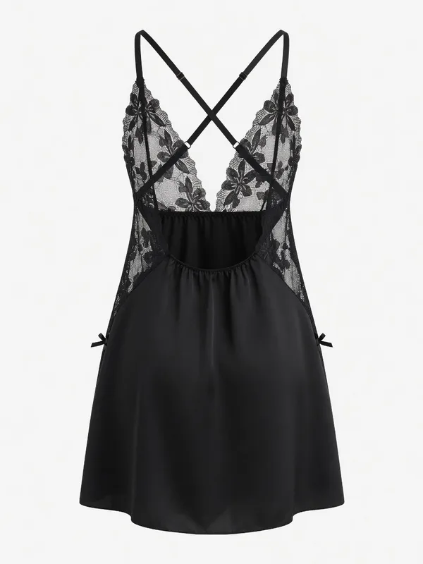 Lace Bodice Satin Babydoll, Black, studio, back