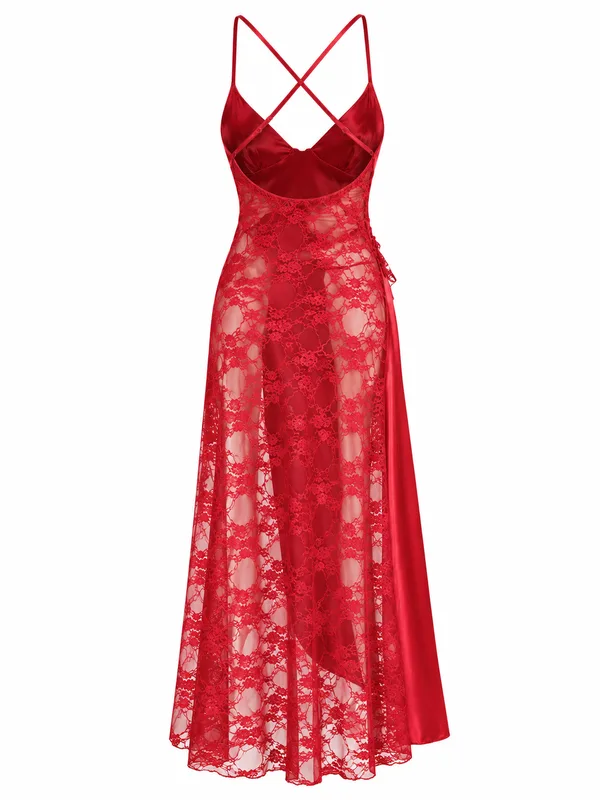Lace-Trim Satin Maxi Slip, Red, studio, back