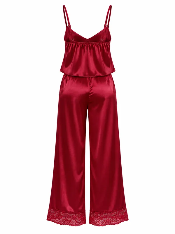 Satin Lace-Trim Camisole and Wide-Leg Pants, Burgundy, studio, back