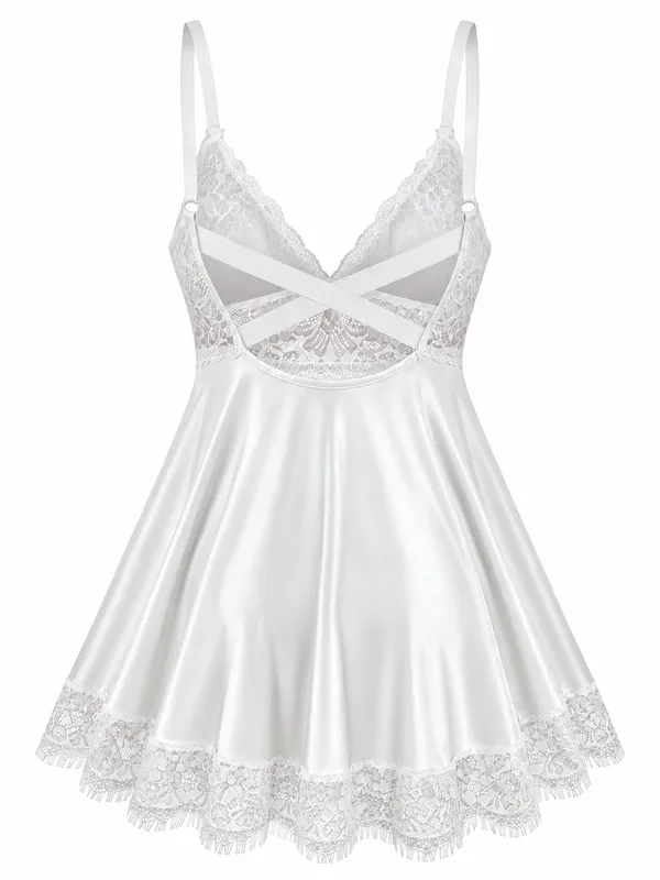 Lace-Trim Satin Babydoll, White, studio, back