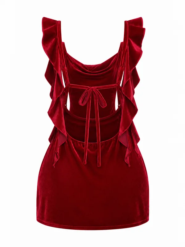 Ruffle-Trim Velvet Tie-Back Mini Dress, Burgundy, studio, back
