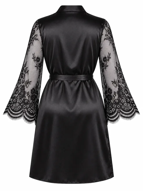 Lace-Sleeve Satin Robe, Black, studio, back