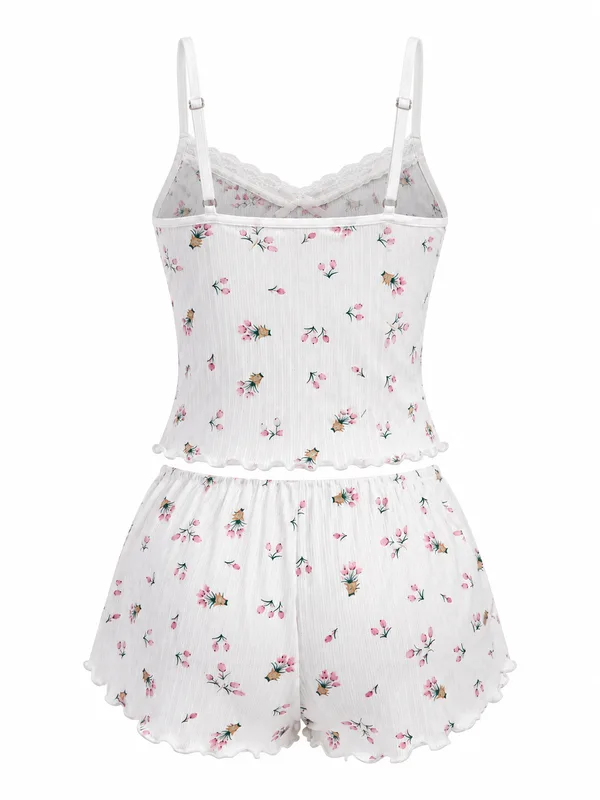 Floral Print Lace-Trim Camisole and Shorts, White, studio, back