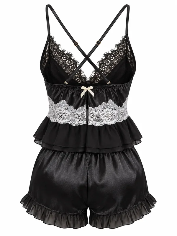 Lace-Trim Satin Peplum Cami and Ruffle Shorts, Black, studio, back