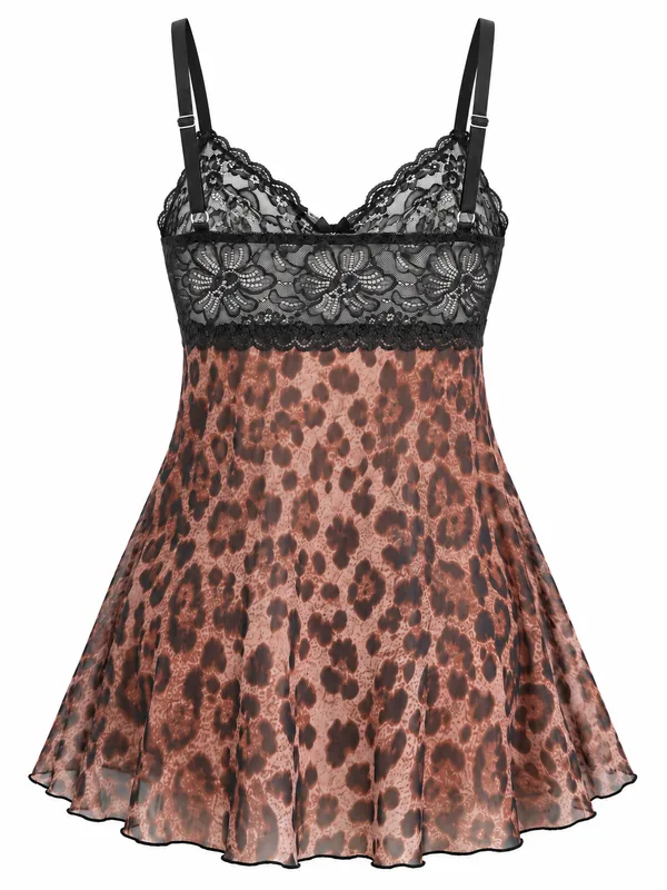 Leopard Print Lace-Trim Mesh Babydoll, Leopard Print, studio, back