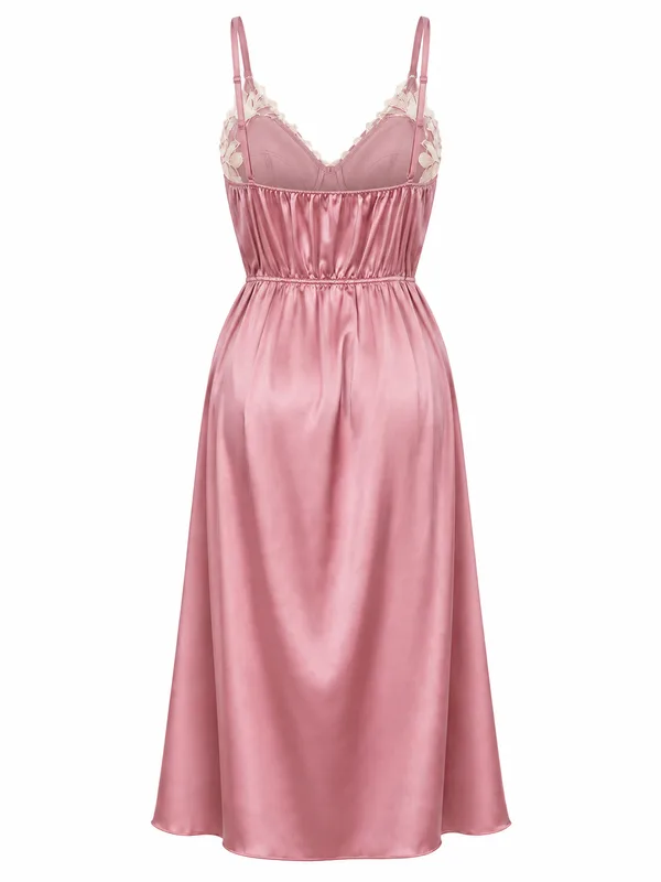 Lace-Bodice Satin Midi Slip, Dusty Pink, studio, back
