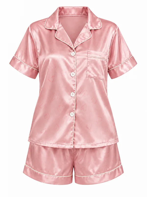 Satin Short-Sleeve Shirt and Shorts Sleepwear, Pink, studio, front