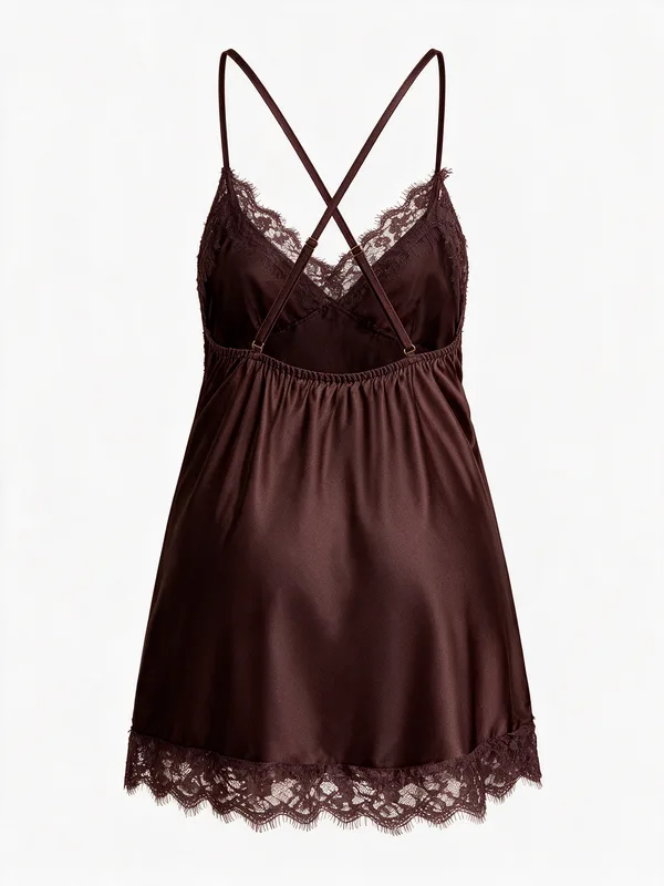 Satin Lace-Trim Cross-Back Slip, Brown, studio, back
