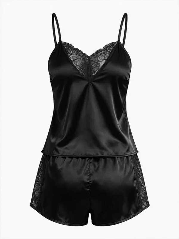 Lace-Trim Satin Camisole and Shorts, Black, studio, front