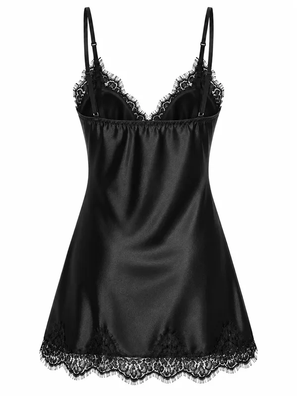 Lace-Trim Satin Slip, Black, studio, back