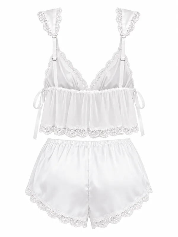 Lace-Trim Satin Cami and Shorts, White, studio, back