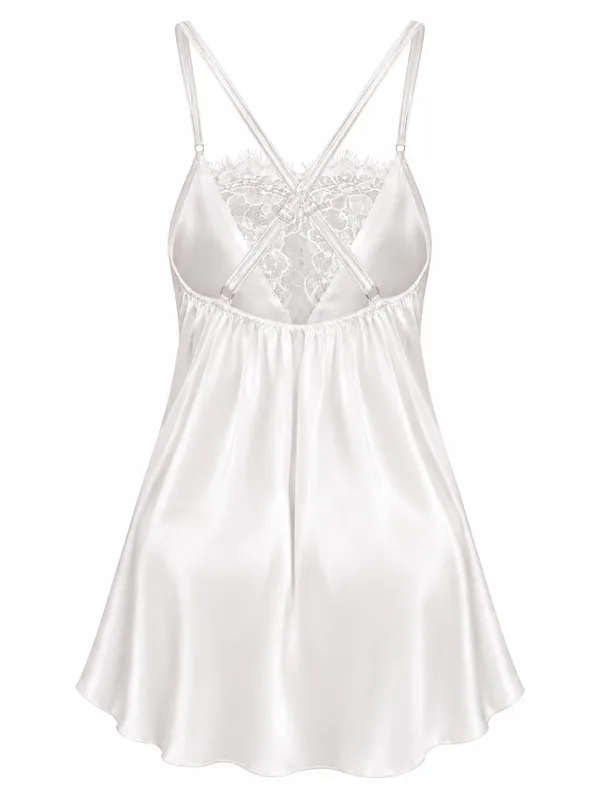 Lace-Trim Satin Slip, White, studio, back