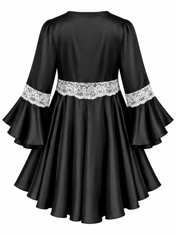 Lace-Trim Satin Slip Dress, Black, studio, back