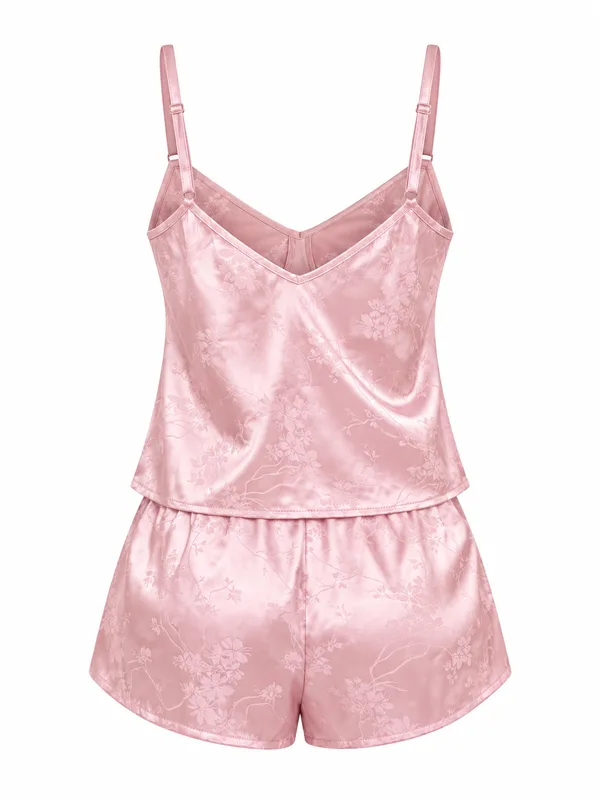 Satin Floral Cami and Shorts, Pink, studio, back