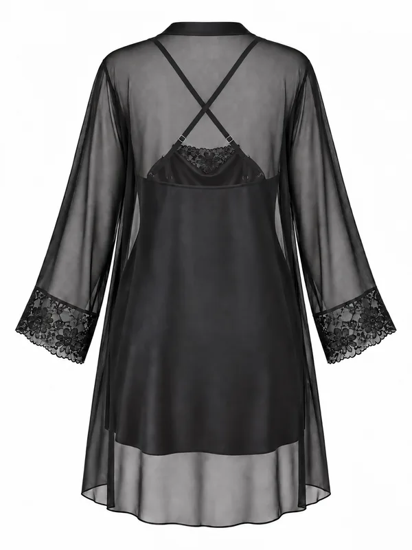 Satin Lace-Trim Slip Dress with Sheer Mesh Robe, Black, studio, back