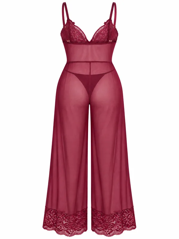Lace and Mesh Jumpsuit, Burgundy, studio, back