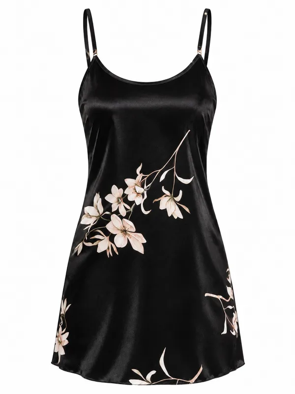 Satin Floral Mini Slip, Black, studio, front