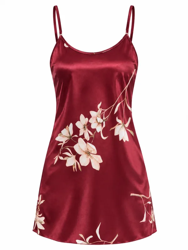 Satin Floral Mini Slip, Burgundy, studio, front