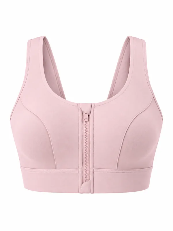 Zip-Front Racerback Sports Bra, Pink, studio, front