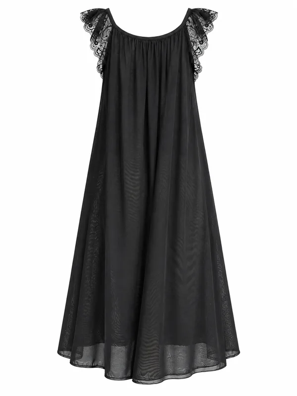Lace-Trim Mesh Babydoll, Black, studio, back