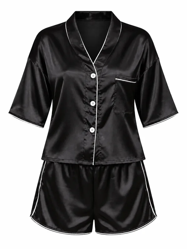 Satin Contrast-Trim Pajama Shirt and Shorts, Black, studio, front