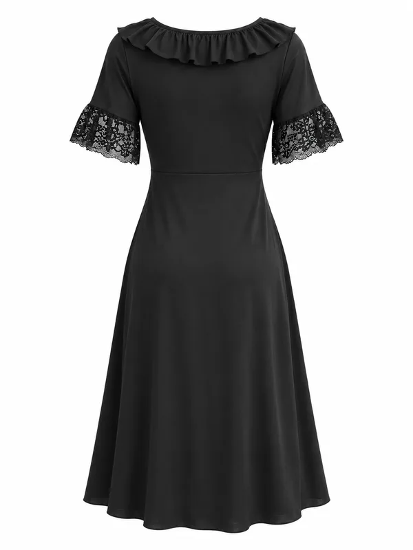Lace-Trim Ruffle-Neck Short-Sleeve Nightdress, Black, studio, back