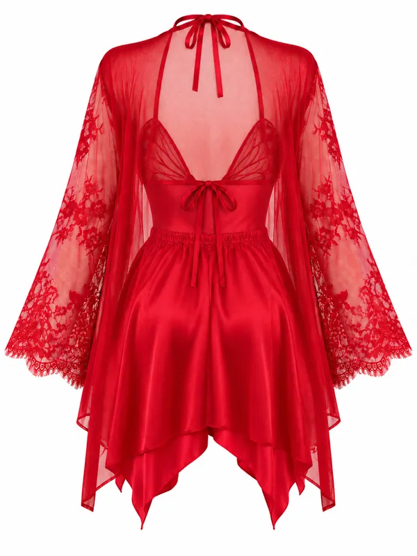 Lace-Trim Satin Halter Babydoll, Red, studio, back