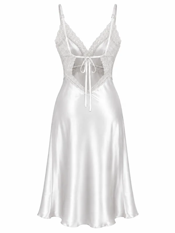Lace-Trim Satin Midi Slip, White, studio, back