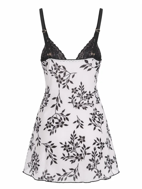 Lace Mesh Floral Babydoll, White, studio, back
