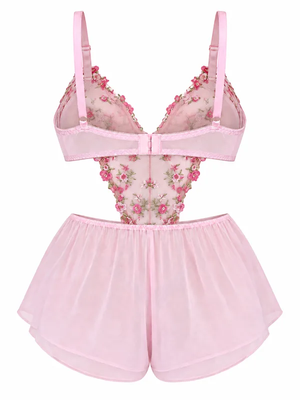 Floral Embroidered Mesh Bralette, Pink, studio, back