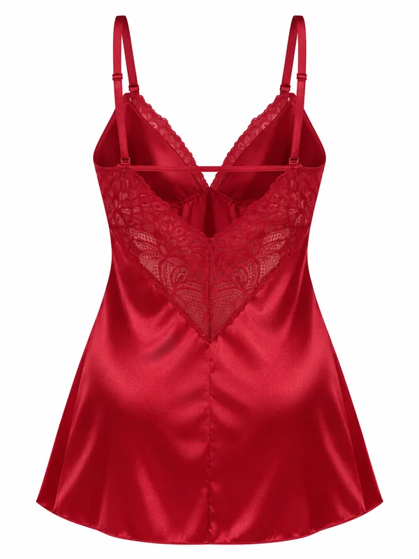 Satin Lace Babydoll, Burgundy, studio, back