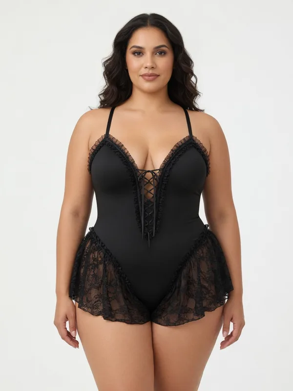Lace-Up Lace-Trim Teddy in Black