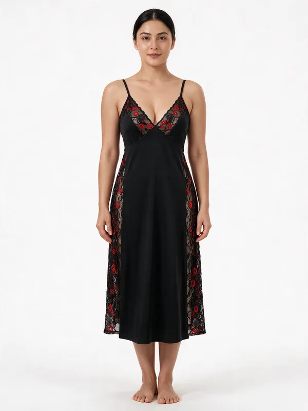 Lace-Panel Midi Slip in Black