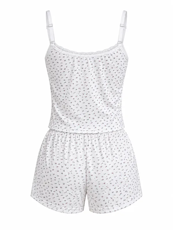 Printed Lace-Trim Cami and Shorts, White, studio, back