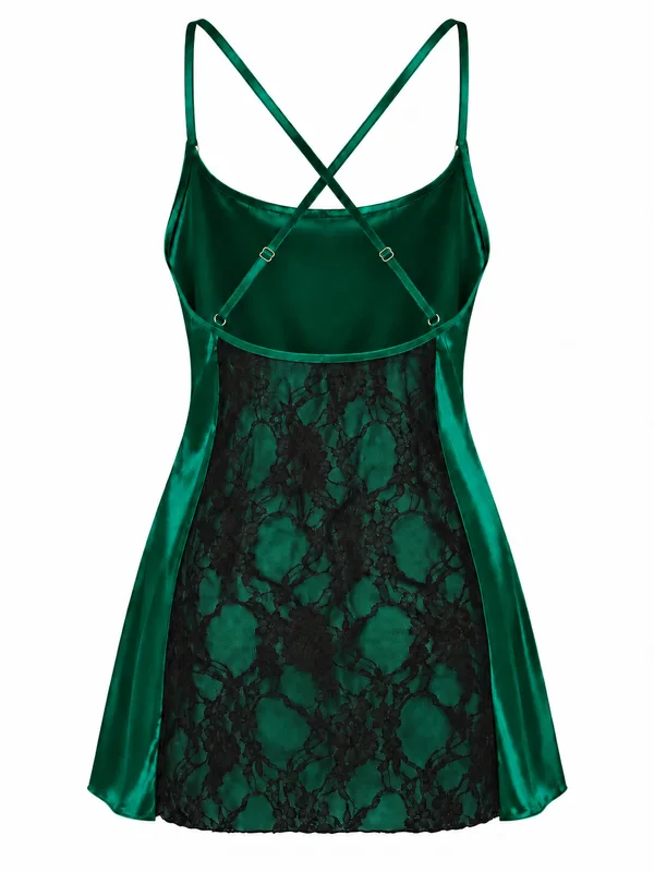 Lace-Back Satin Slip, Dark Green, studio, back