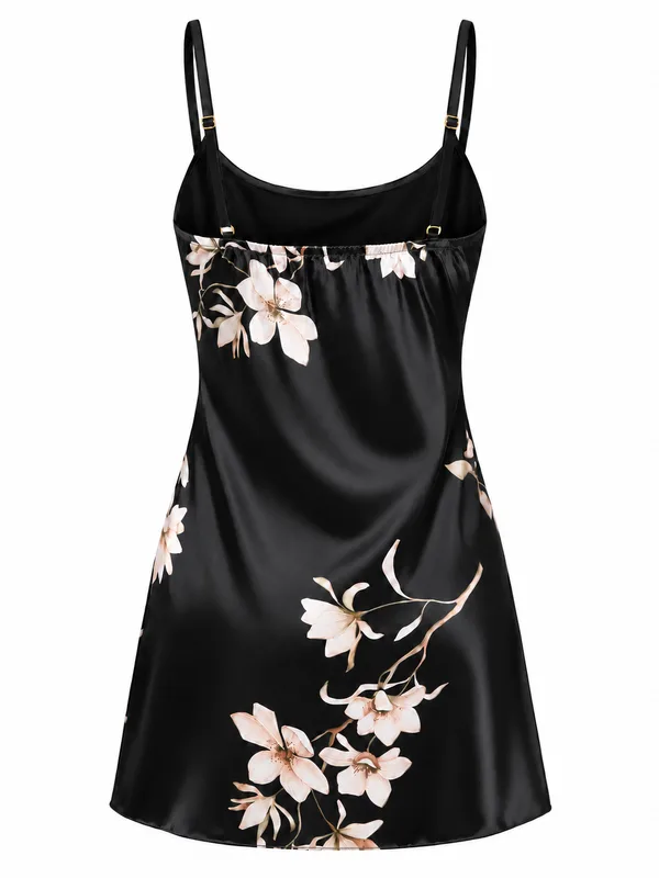 Satin Floral Mini Slip, Black, studio, back