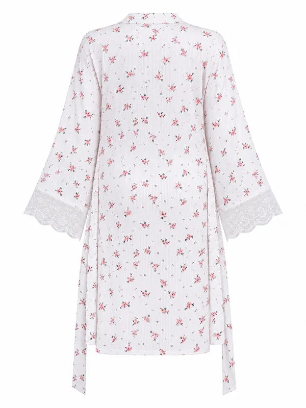 Floral Print Lace-Trim Ribbed Slip, White, studio, back