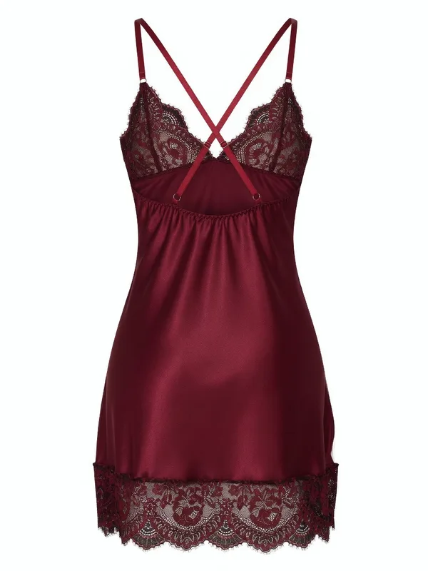 Lace-Trim Satin Slip, Burgundy, studio, back